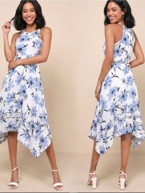 Lulus Zahara Blue and White Floral Print Midi Knee Length Dress, Size XS, NWOT